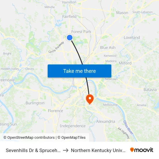 Sevenhills Dr & Sprucehill Dr to Northern Kentucky University map