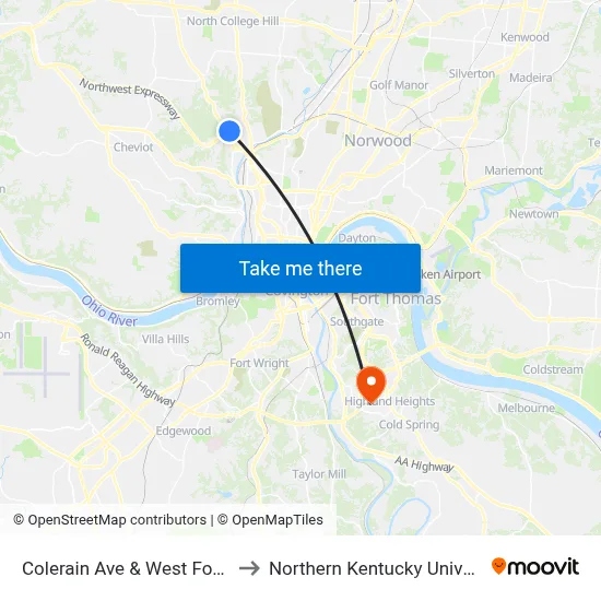 Colerain Ave & West Fork Rd to Northern Kentucky University map