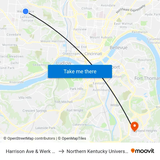 Harrison Ave & Werk Rd to Northern Kentucky University map