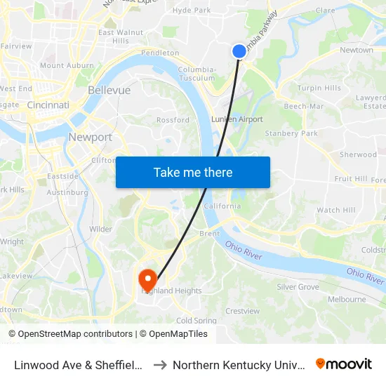 Linwood Ave & Sheffield Ave to Northern Kentucky University map