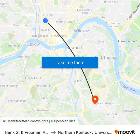 Bank St & Freeman Ave to Northern Kentucky University map