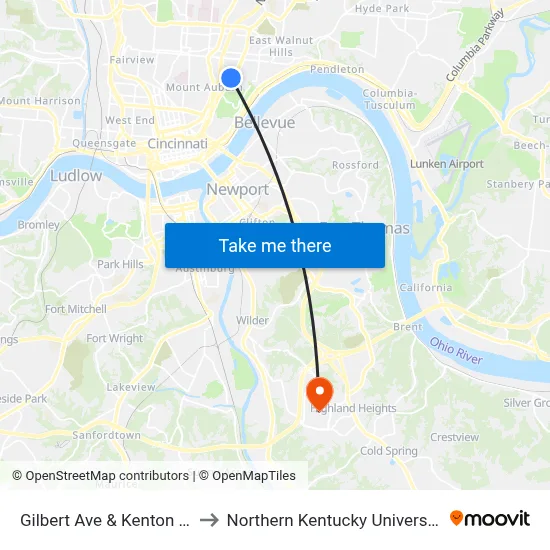 Gilbert Ave & Kenton St to Northern Kentucky University map