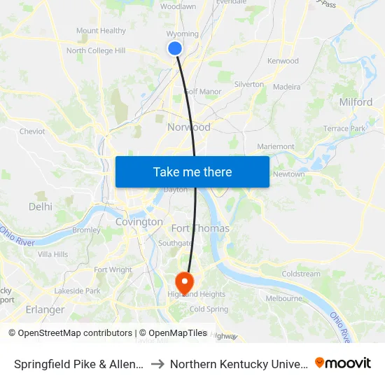 Springfield Pike & Allen Ave to Northern Kentucky University map