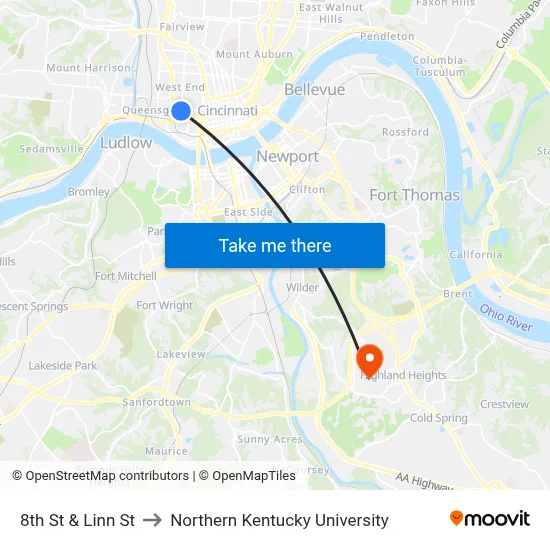 8th St & Linn St to Northern Kentucky University map