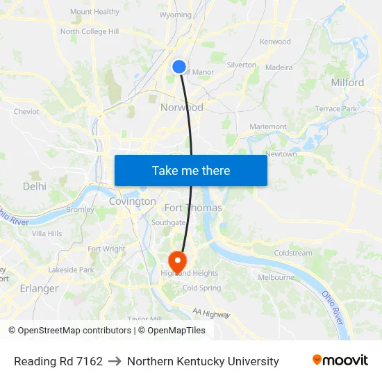 Reading Rd 7162 to Northern Kentucky University map