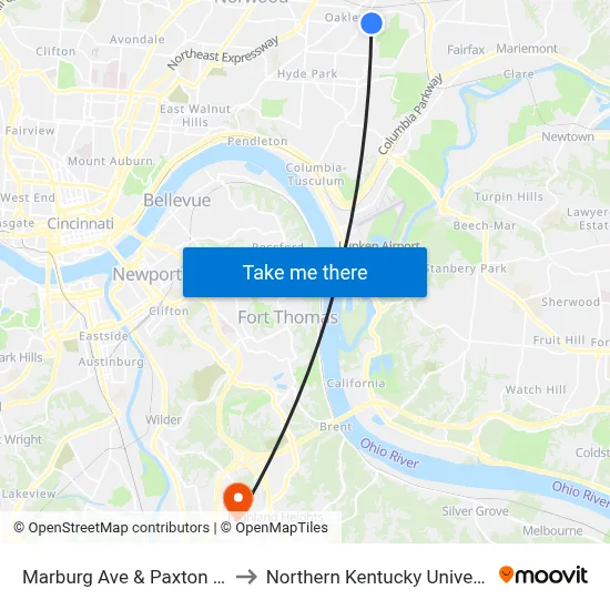Marburg Ave & Paxton Ave to Northern Kentucky University map