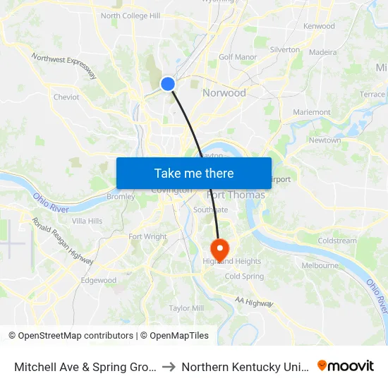 Mitchell Ave & Spring Grove Ave to Northern Kentucky University map