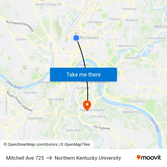 Mitchell Ave 725 to Northern Kentucky University map