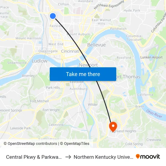 Central Pkwy & Parkway Inn to Northern Kentucky University map