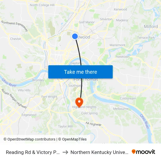 Reading Rd & Victory Pkwy to Northern Kentucky University map