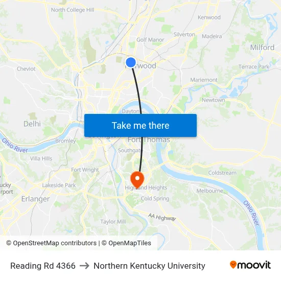 Reading Rd 4366 to Northern Kentucky University map