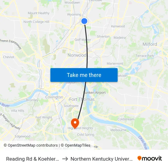 Reading Rd & Koehler St to Northern Kentucky University map