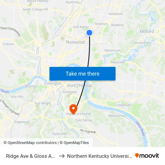 Ridge Ave & Gloss Ave to Northern Kentucky University map