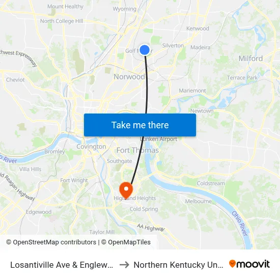 Losantiville Ave & Englewood Ave to Northern Kentucky University map