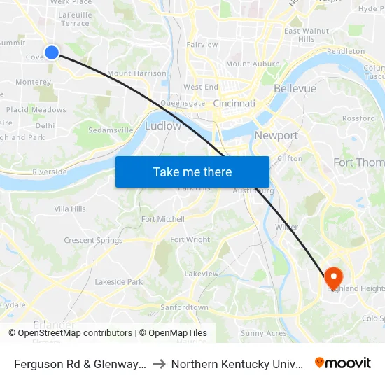 Ferguson Rd & Glenway Ave to Northern Kentucky University map