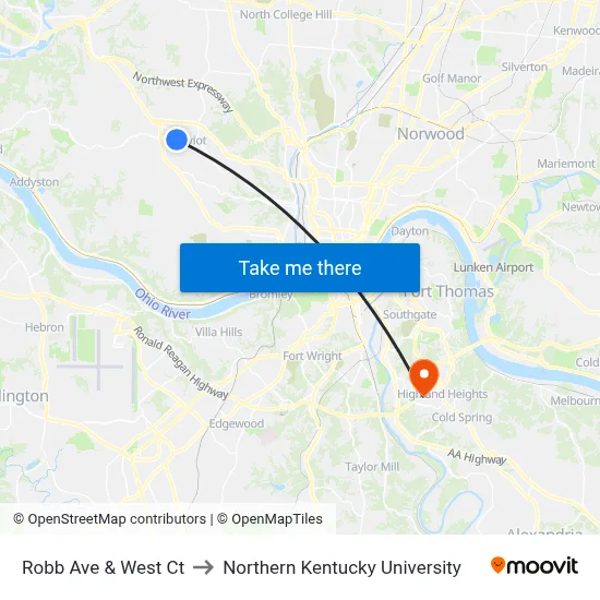 Robb Ave & West Ct to Northern Kentucky University map