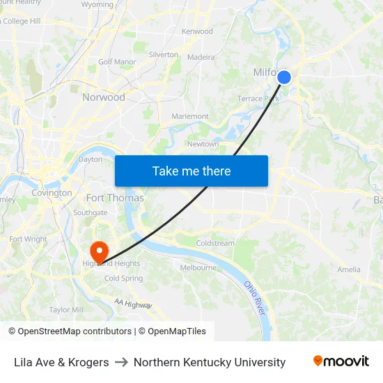 Lila Ave & Krogers to Northern Kentucky University map