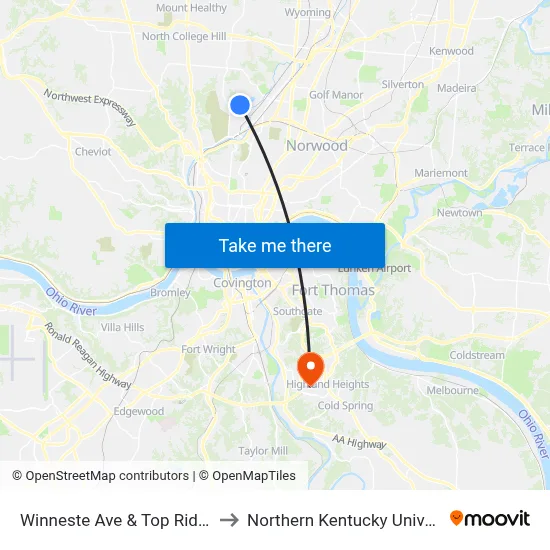 Winneste Ave & Top Ridge Pl to Northern Kentucky University map