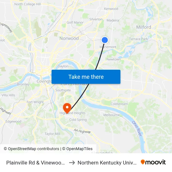 Plainville Rd & Vinewood Ave to Northern Kentucky University map