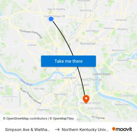Simpson Ave & Waltham Ave to Northern Kentucky University map