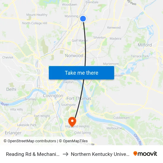 Reading Rd & Mechanic St to Northern Kentucky University map