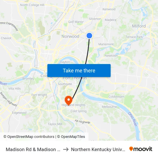 Madison Rd & Madison Bowl to Northern Kentucky University map