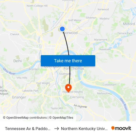 Tennessee Av & Paddock Rd to Northern Kentucky University map