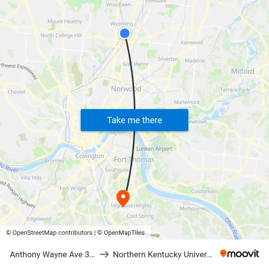 Anthony Wayne Ave 390 to Northern Kentucky University map