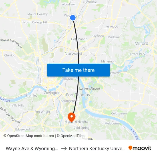 Wayne Ave & Wyoming Ave to Northern Kentucky University map