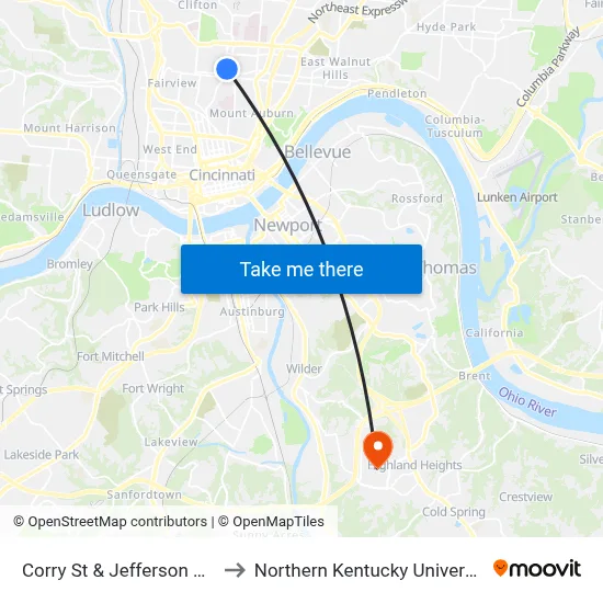 Corry St & Jefferson Ave to Northern Kentucky University map