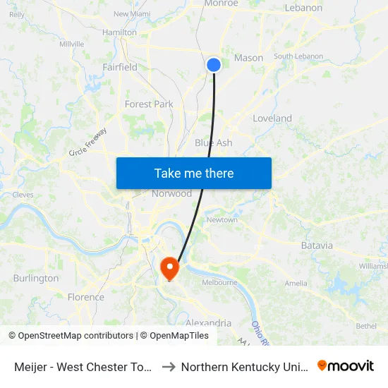 Meijer - West Chester Township to Northern Kentucky University map