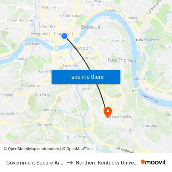 Government Square Area D to Northern Kentucky University map