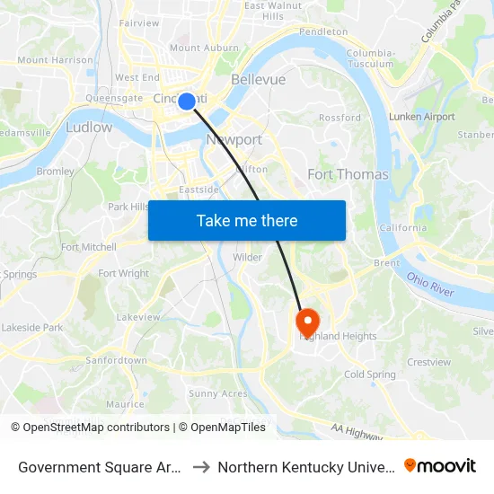 Government Square Area H to Northern Kentucky University map