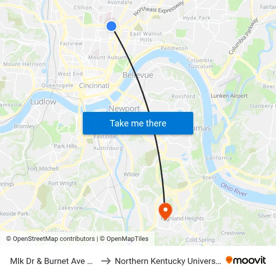 Mlk Dr & Burnet Ave Wb to Northern Kentucky University map