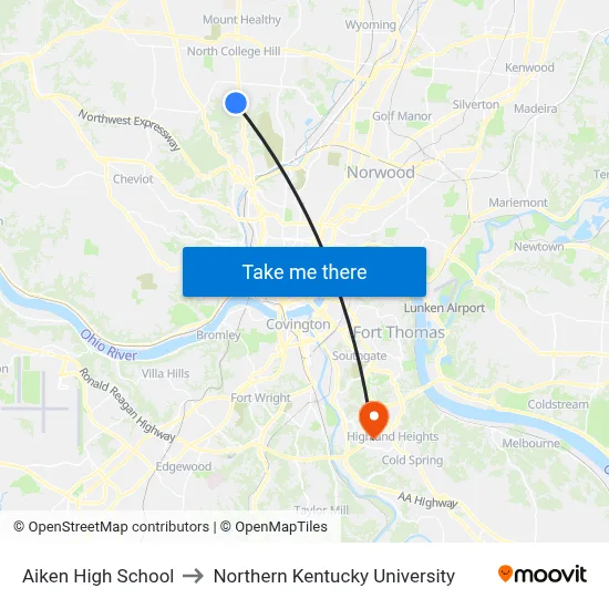 Aiken High School to Northern Kentucky University map