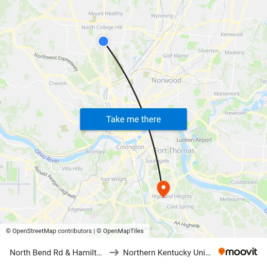 North Bend Rd & Hamilton Ave to Northern Kentucky University map