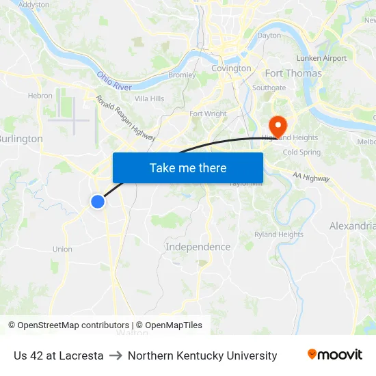 Us 42 at Lacresta to Northern Kentucky University map