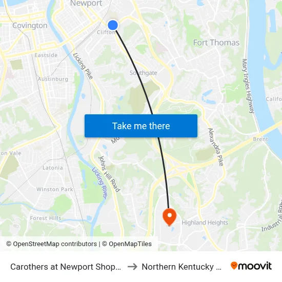 Carothers at Newport Shopping Center to Northern Kentucky University map