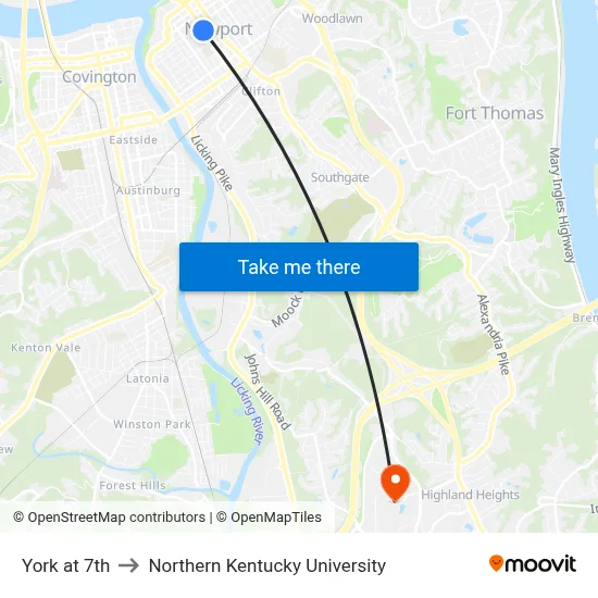 York at 7th to Northern Kentucky University map