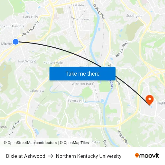Dixie at Ashwood to Northern Kentucky University map