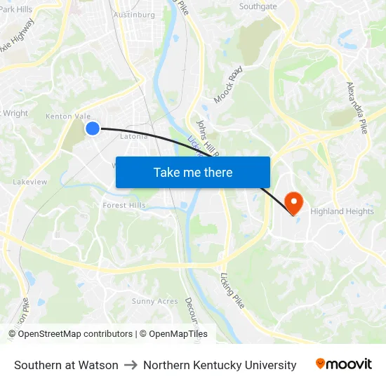 Southern at Watson to Northern Kentucky University map