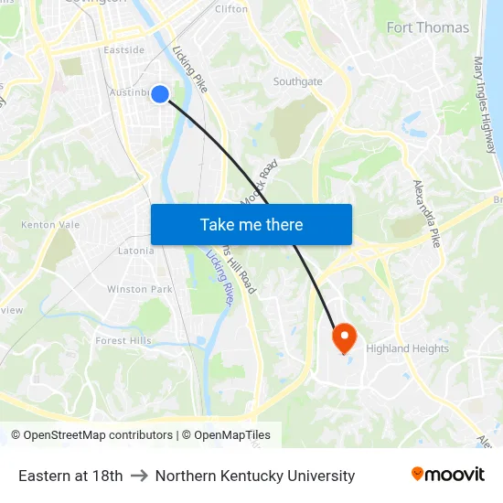 Eastern at 18th to Northern Kentucky University map