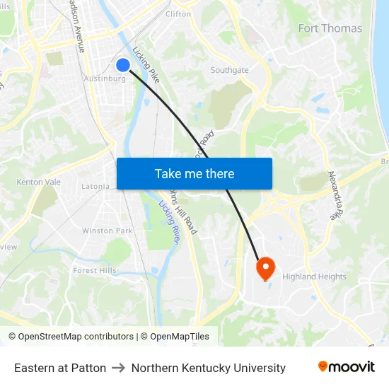 Eastern at Patton to Northern Kentucky University map
