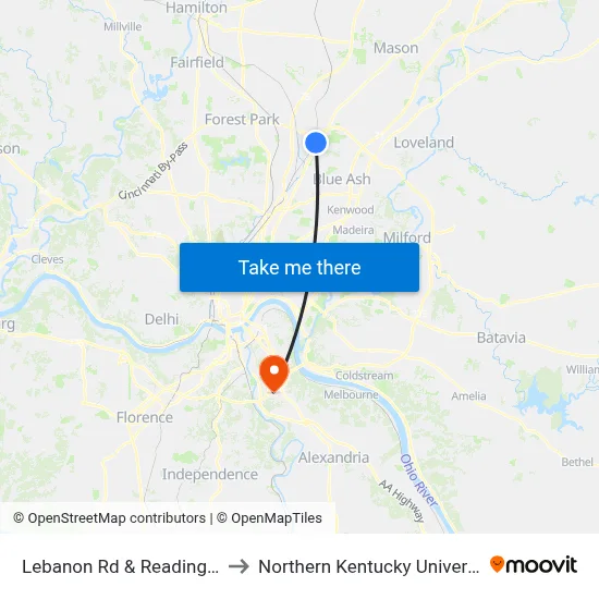 Lebanon Rd & Reading Rd to Northern Kentucky University map