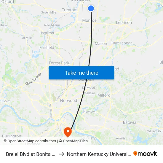 Breiel Blvd at Bonita Dr to Northern Kentucky University map