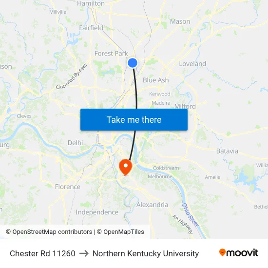 Chester Rd 11260 to Northern Kentucky University map