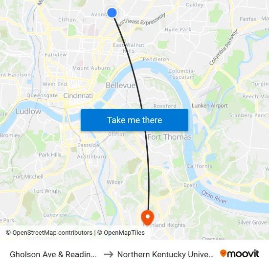 Gholson Ave & Reading Rd to Northern Kentucky University map