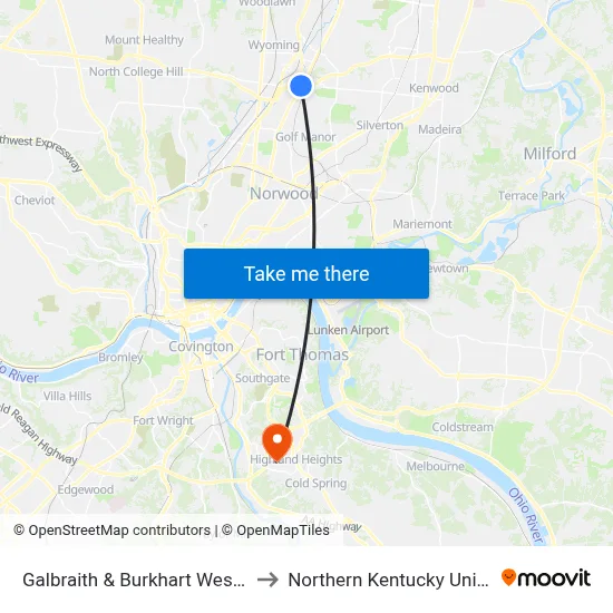 Galbraith & Burkhart Westbound to Northern Kentucky University map