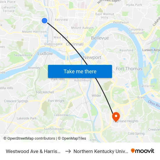 Westwood Ave & Harrison Ave to Northern Kentucky University map