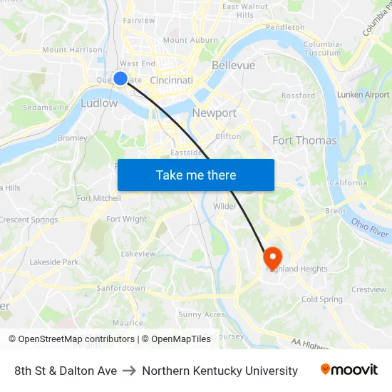 8th St & Dalton Ave to Northern Kentucky University map
